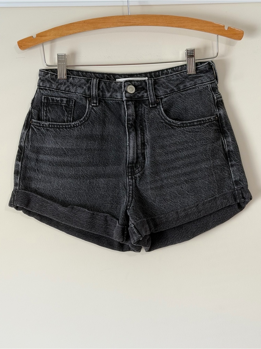 PacSun Faded Black Denim High-Waist Mom Shorts with Rolled Hem